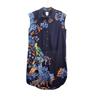 Maeve Midi Shirt Dress Blue Floral Parrot Print Button Front 1X Cap Sleeve